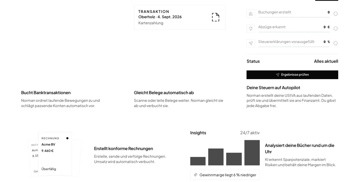 Norman feature overview with app excerpts: detected card payment, booking and deduction counters, tax status, invoice to Acme BV and insights bars (German UI)