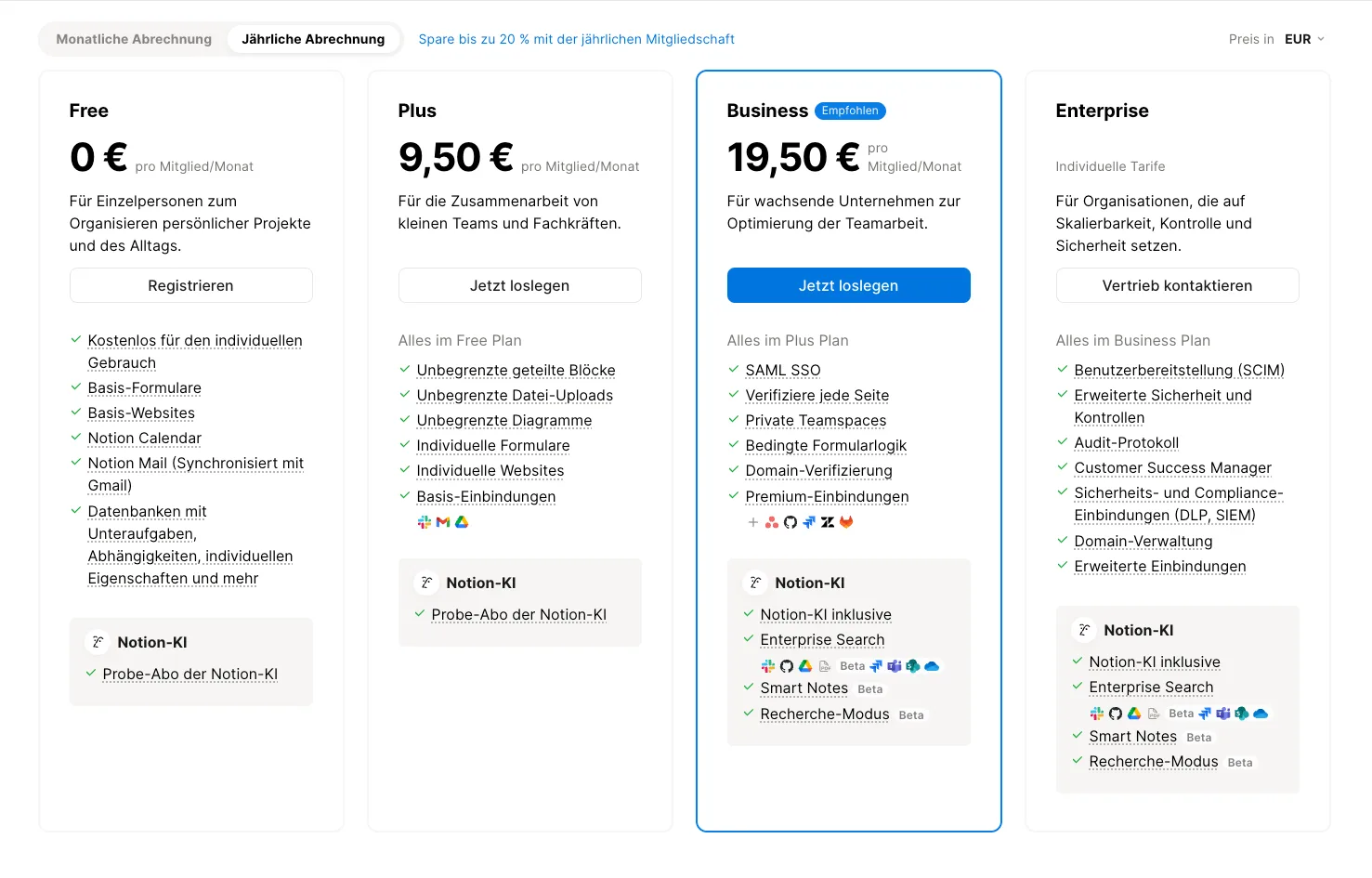   Current Notion pricing overview — from Free to Enterprise for teams of all sizes. (Excerpt from    notion.com   )  
