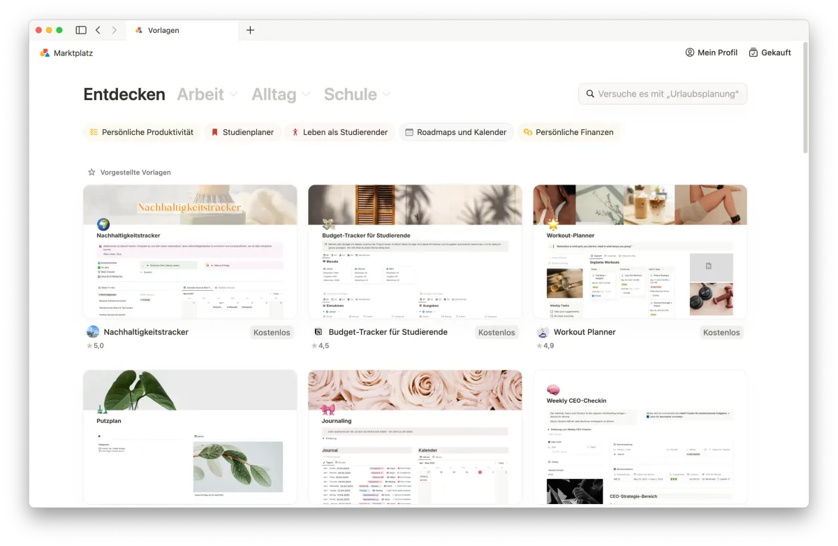   Notion template gallery with templates for work, everyday life, and productivity. (Own screenshot from Notion on macOS)  