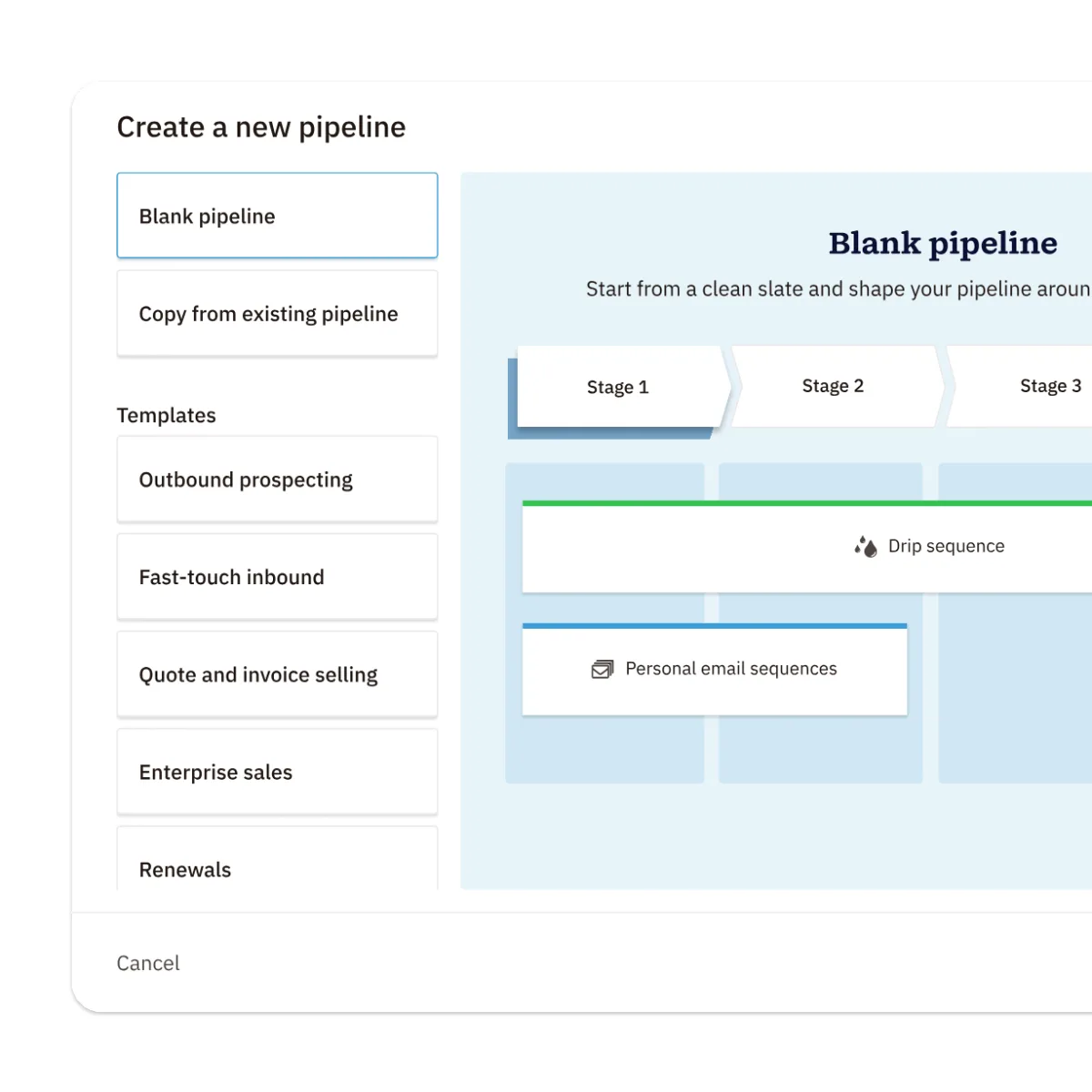 Nutshell dialog for creating a new pipeline with templates and email sequences per stage