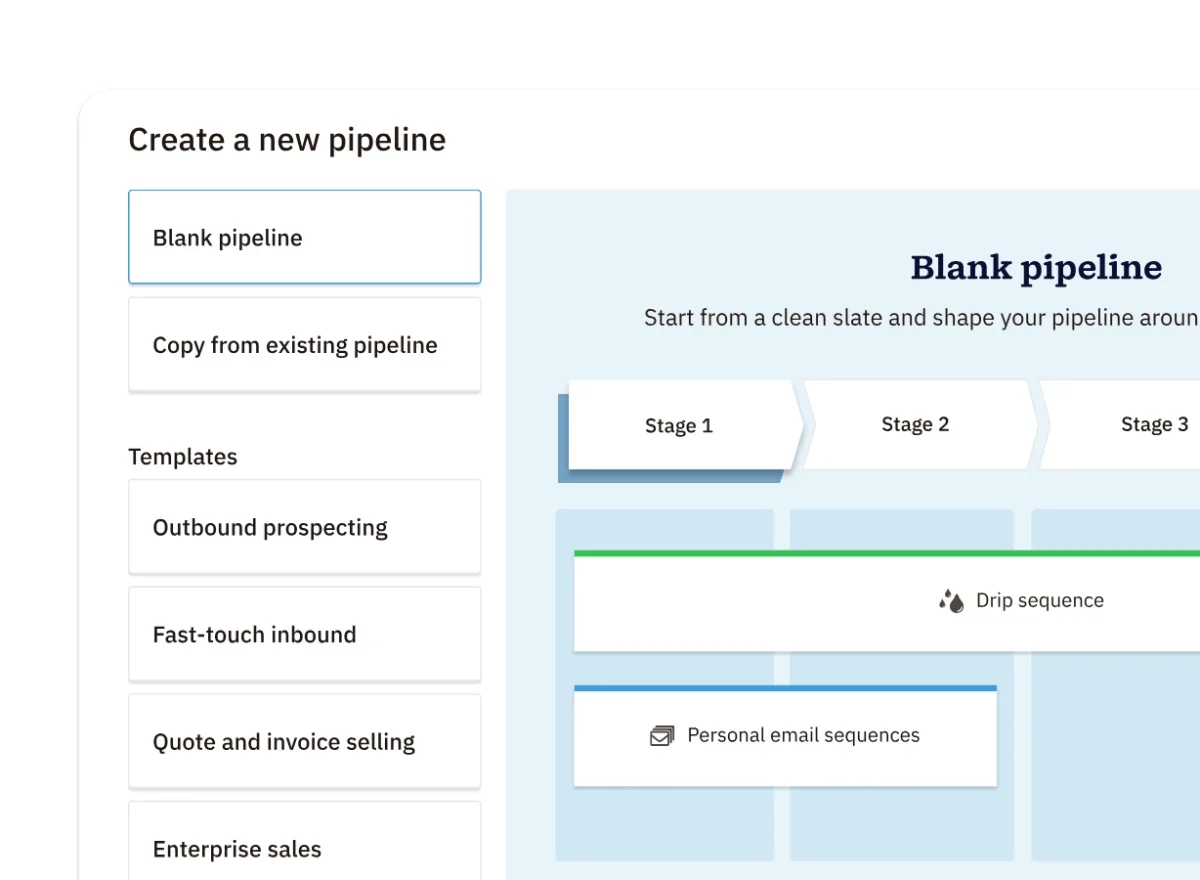 Nutshell “Create a new pipeline” dialog with a blank pipeline and templates such as Outbound Prospecting, Fast-touch Inbound and Quote and Invoice Selling