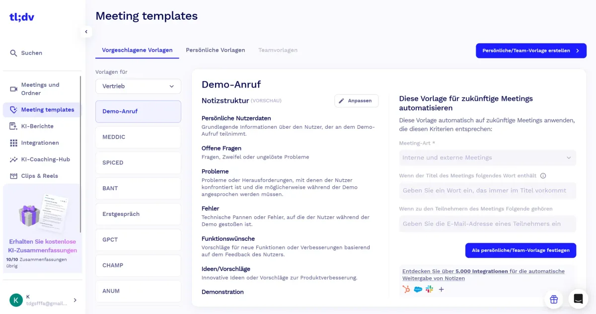   A broad template selection and extensive meeting settings in tl;dv. (Own screenshot from tl;dv)  