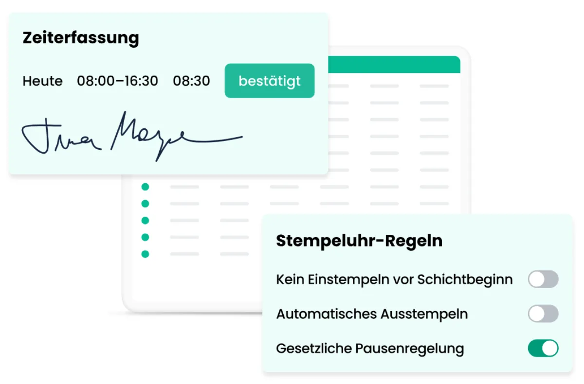 Papershift time tracking: confirmed working day with signature and time-clock rules such as statutory break rules