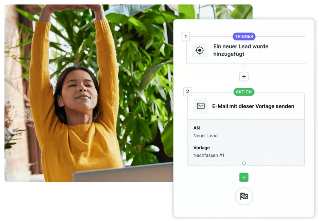 Pipedrive-Automation mit Trigger „Ein neuer Lead wurde hinzugefügt“ und Aktion „E-Mail mit dieser Vorlage senden“