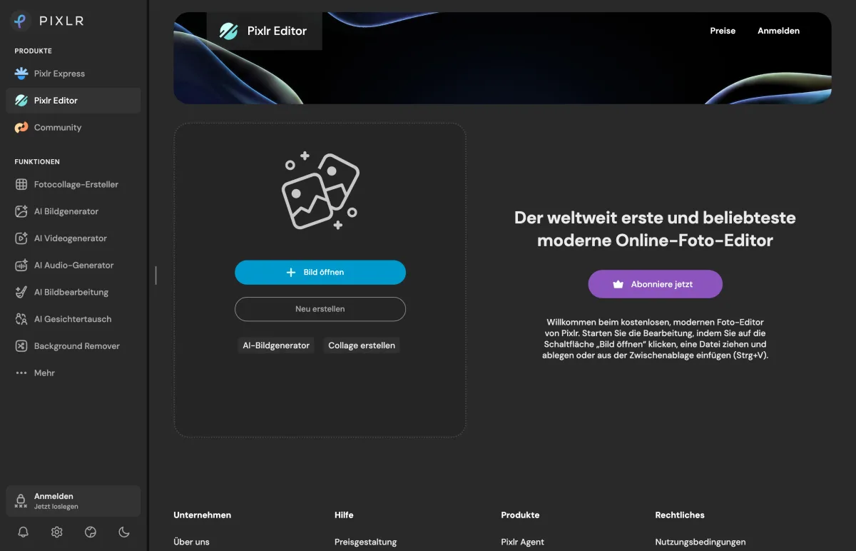 Pixlr Editor start screen in the browser with open image, create new, AI image generator and collage