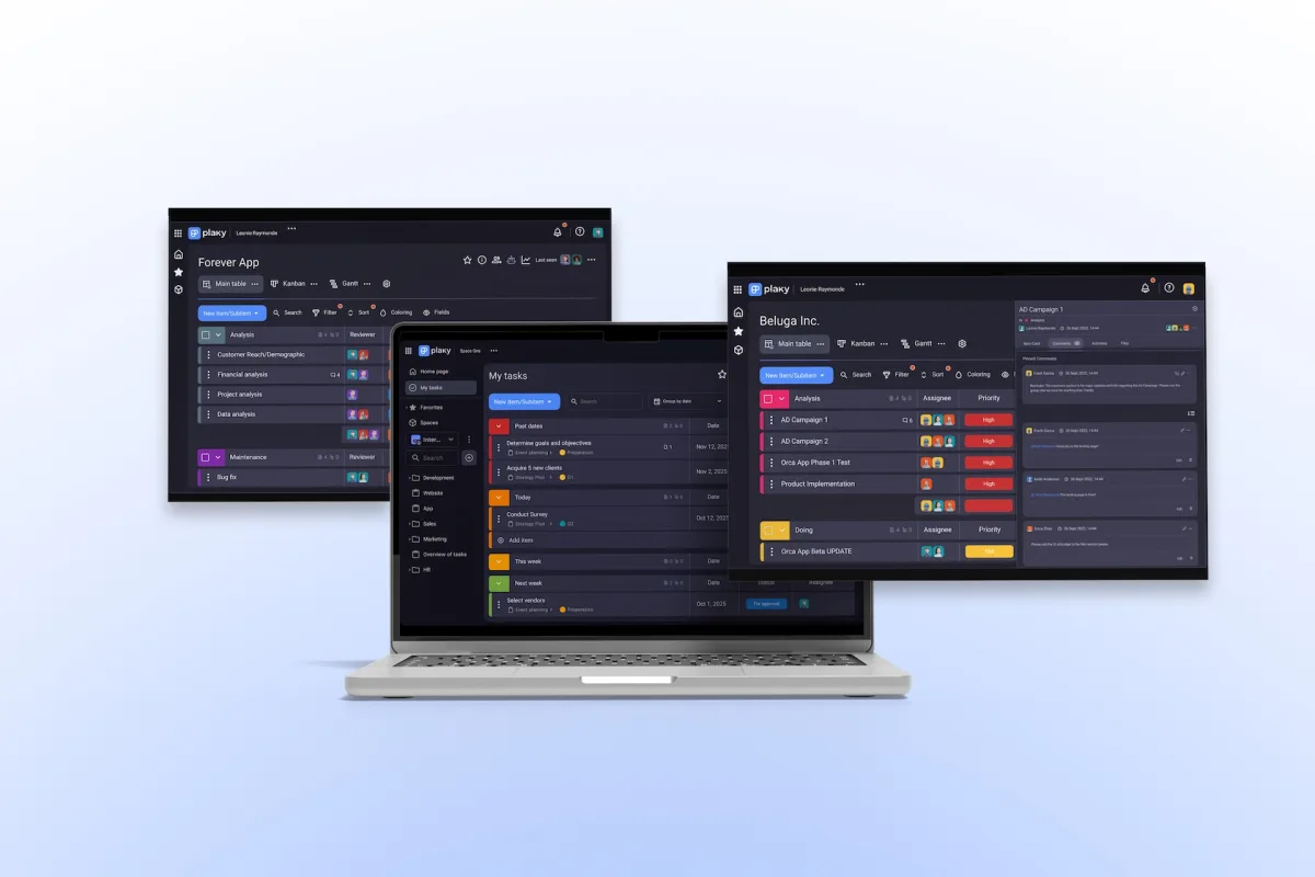 Plaky Ansichten auf mehreren Screens: My Tasks, Boards mit Gruppen und Kommentar-Panel