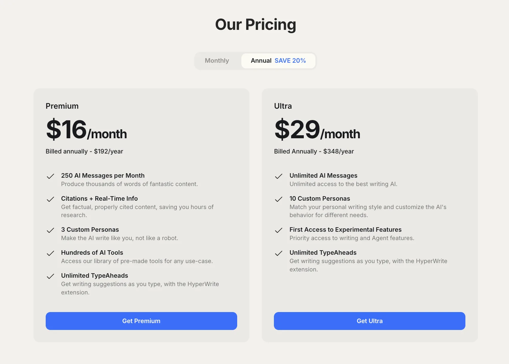  HyperWrite pricing overview (excerpt from    hyperwrite.ai   )  