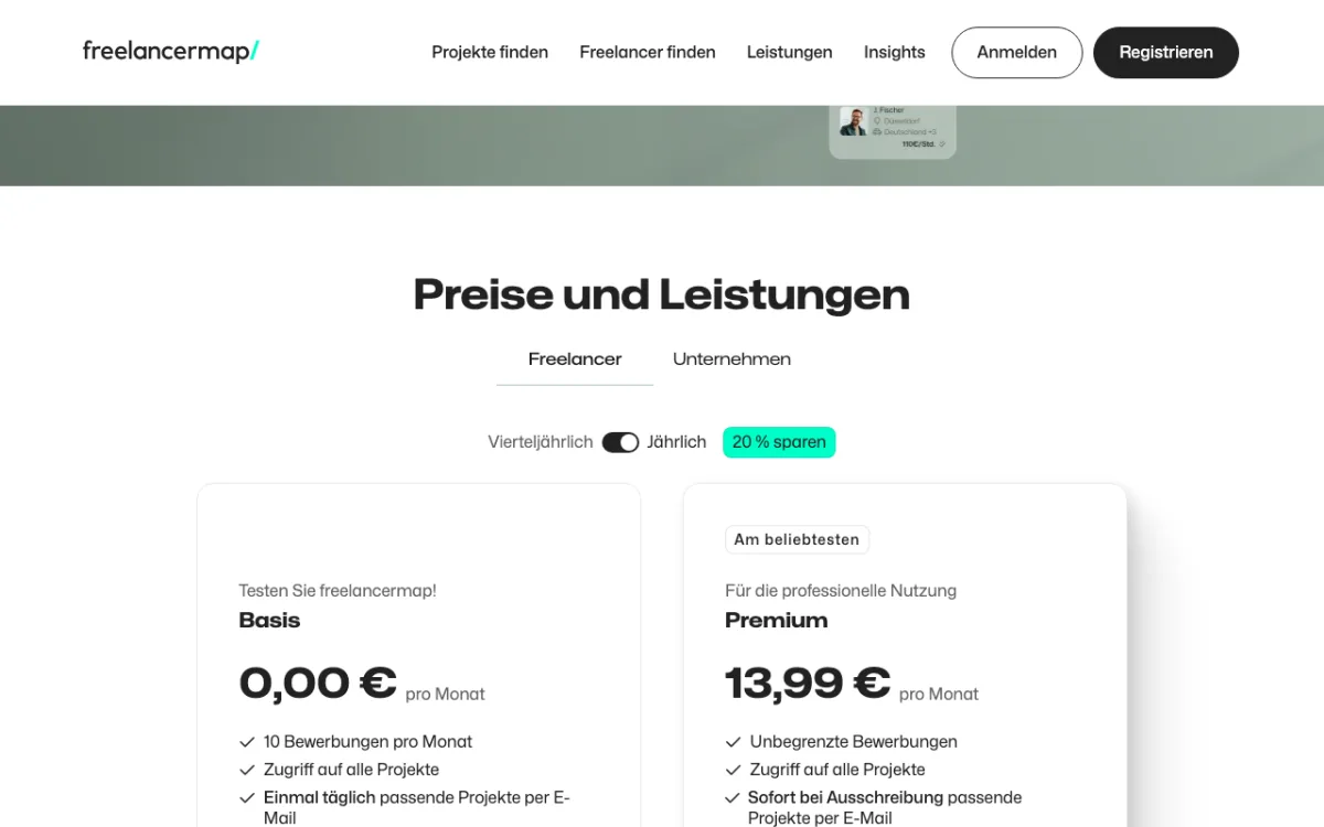 Preisseite von freelancermap mit den Tarifen Basis 0,00 € und Premium 13,99 € pro Monat