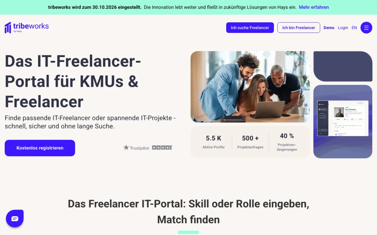 Startseite von tribeworks mit dem Hinweisbanner, dass die Plattform zum 30.10.2026 eingestellt wird
