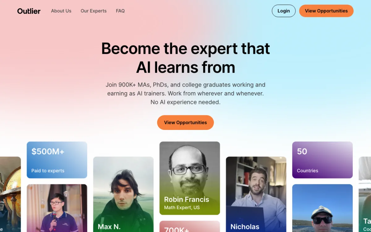 Startseite von Outlier AI mit dem Aufruf, als Experte KI-Modelle zu trainieren, und Kennzahlen zu Auszahlungen und Ländern
