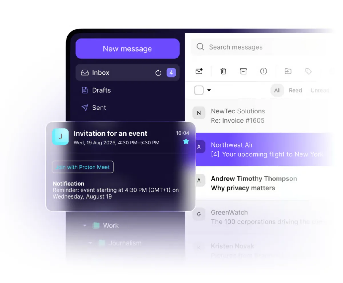 Proton Mail Posteingang mit Kalender-Einladung und Proton-Meet-Link