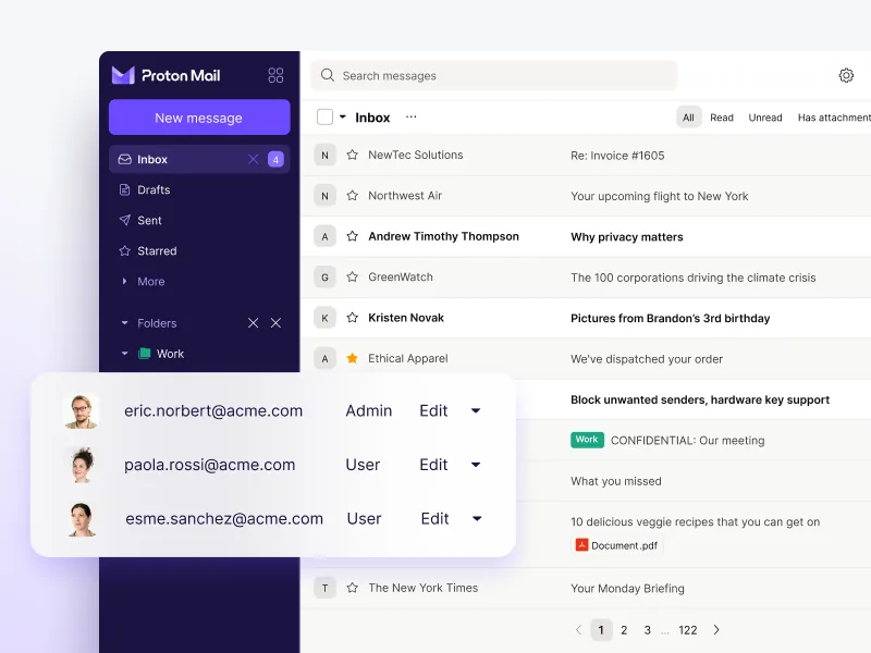 Proton Mail business inbox with admin management for users and roles