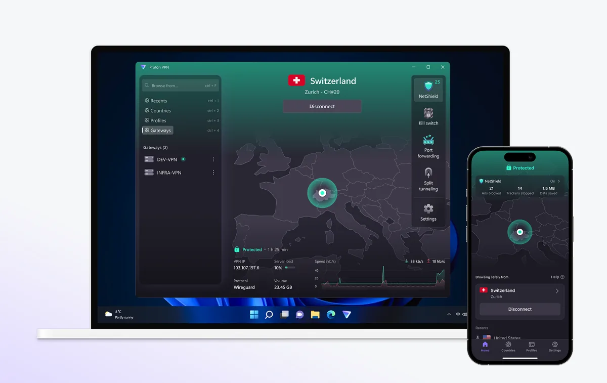 Proton VPN on desktop and phone connected to a Swiss server