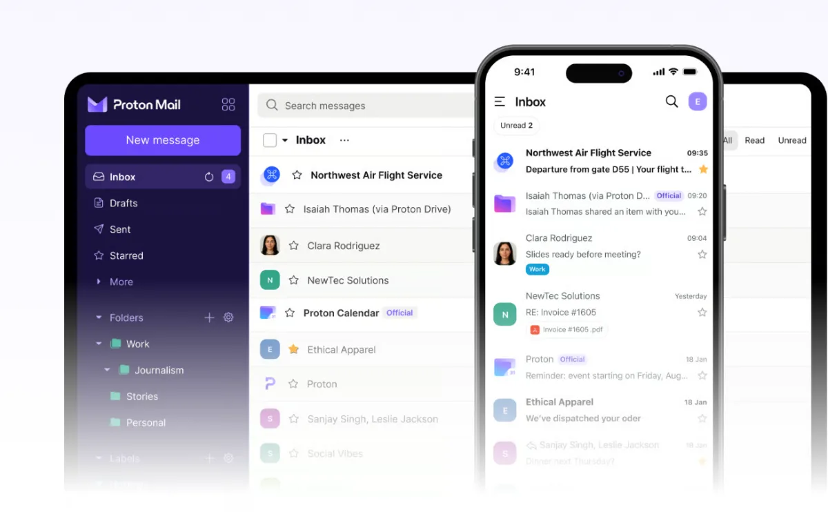 Proton Mail als Desktop-App und in der iPhone-App mit demselben Posteingang