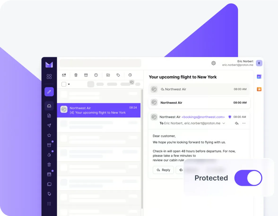 Proton-Mail-Posteingang im Browser mit geöffneter Nachricht und dem Schalter „Protected“ für Tracker- und Phishing-Schutz