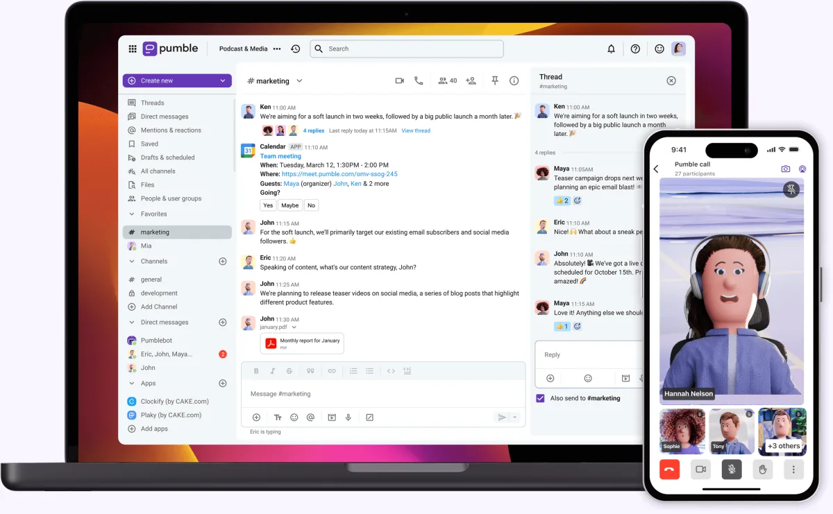 Pumble auf dem Laptop und als Handy-App mit Kanälen, Threads und einem laufenden Videocall
