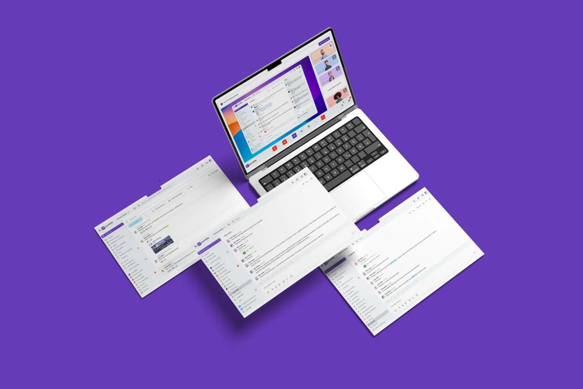 Pumble workspace with channels, direct messages, threads and file sharing across several windows