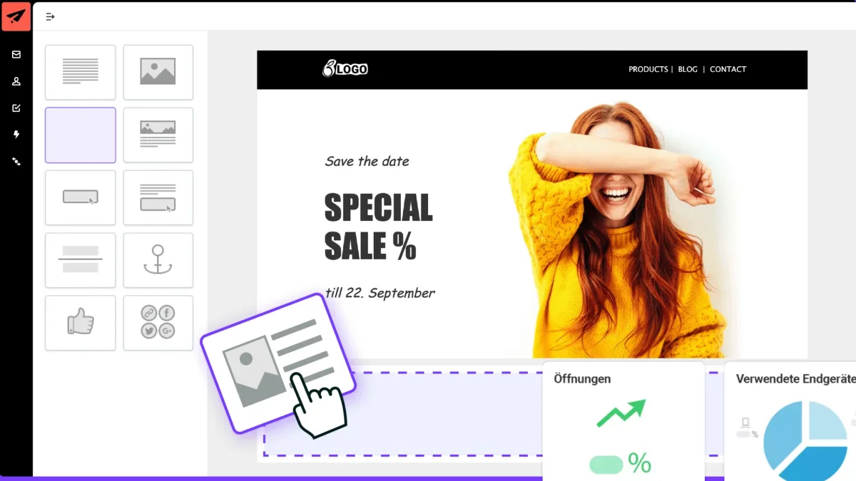 rapidmail-Editor mit Bausteinleiste links, einem „Special Sale“-Newsletter-Entwurf und Öffnungs-Statistik