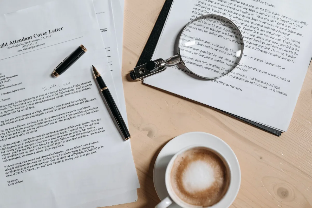 Kaffee, Stift und Lupe liegen auf Finanzpapieren auf dem Schreibtisch