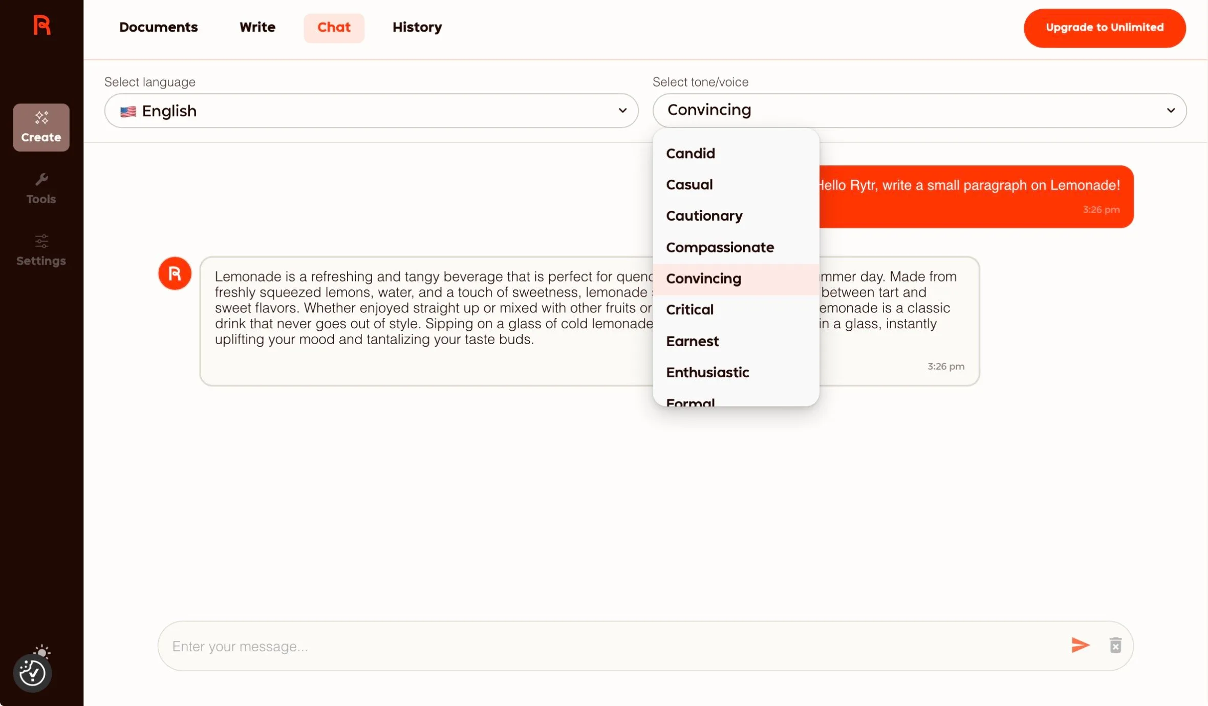 Rytr chat function with tone selection and AI-generated content (excerpt from rytr.me ) Rytr chat function with tone selection and AI-generated content (excerpt from rytr.me )