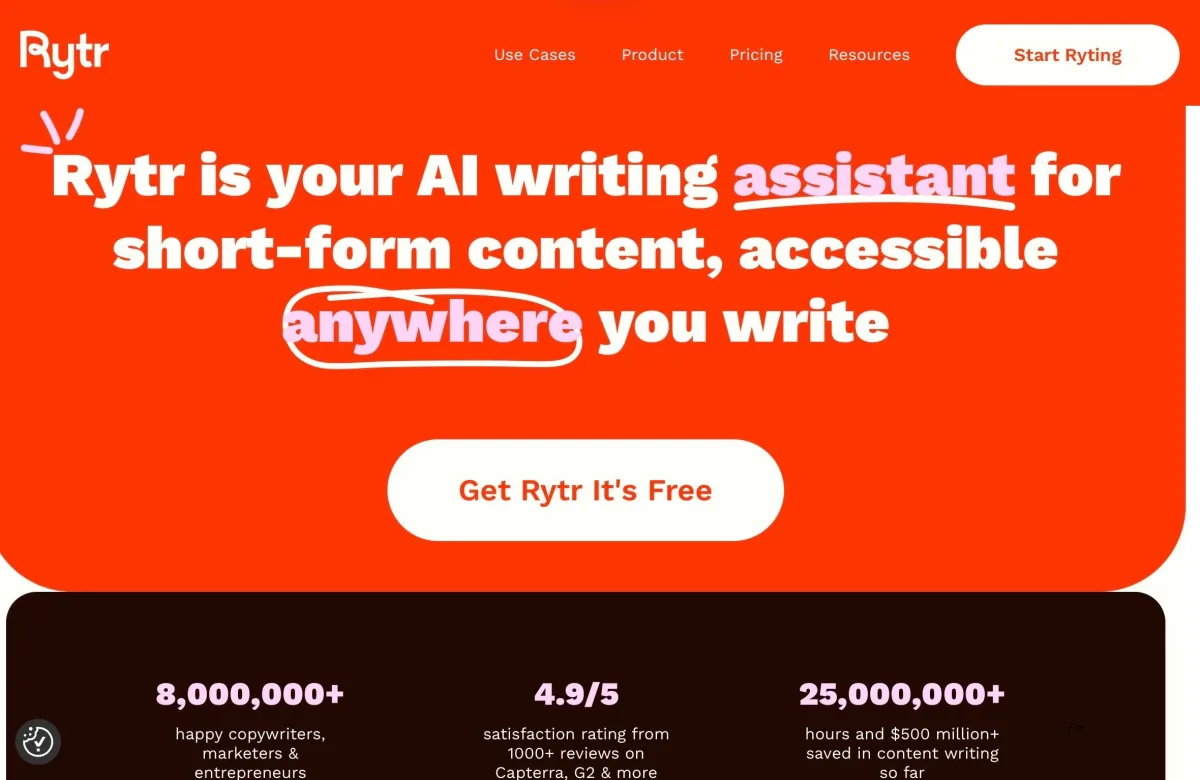 Rytr homepage highlighting its main value proposition and usage statistics (excerpt from rytr.me ) Rytr homepage highlighting its main value proposition and usage statistics (excerpt from rytr.me )