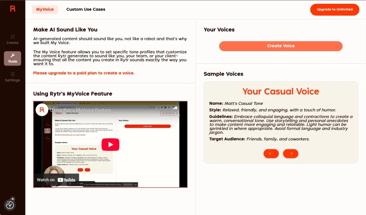 Rytr “MyVoice” feature for creating personalized writing styles (excerpt from rytr.me ) Rytr “MyVoice” feature for creating personalized writing styles (excerpt from rytr.me )