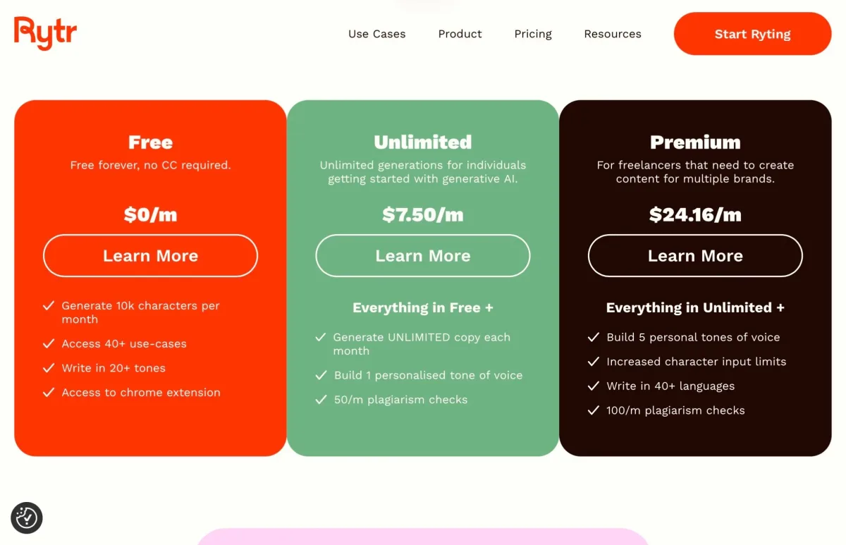  Rytr pricing overview – Free, Unlimited, and Premium plans (excerpt from  rytr.me ) 