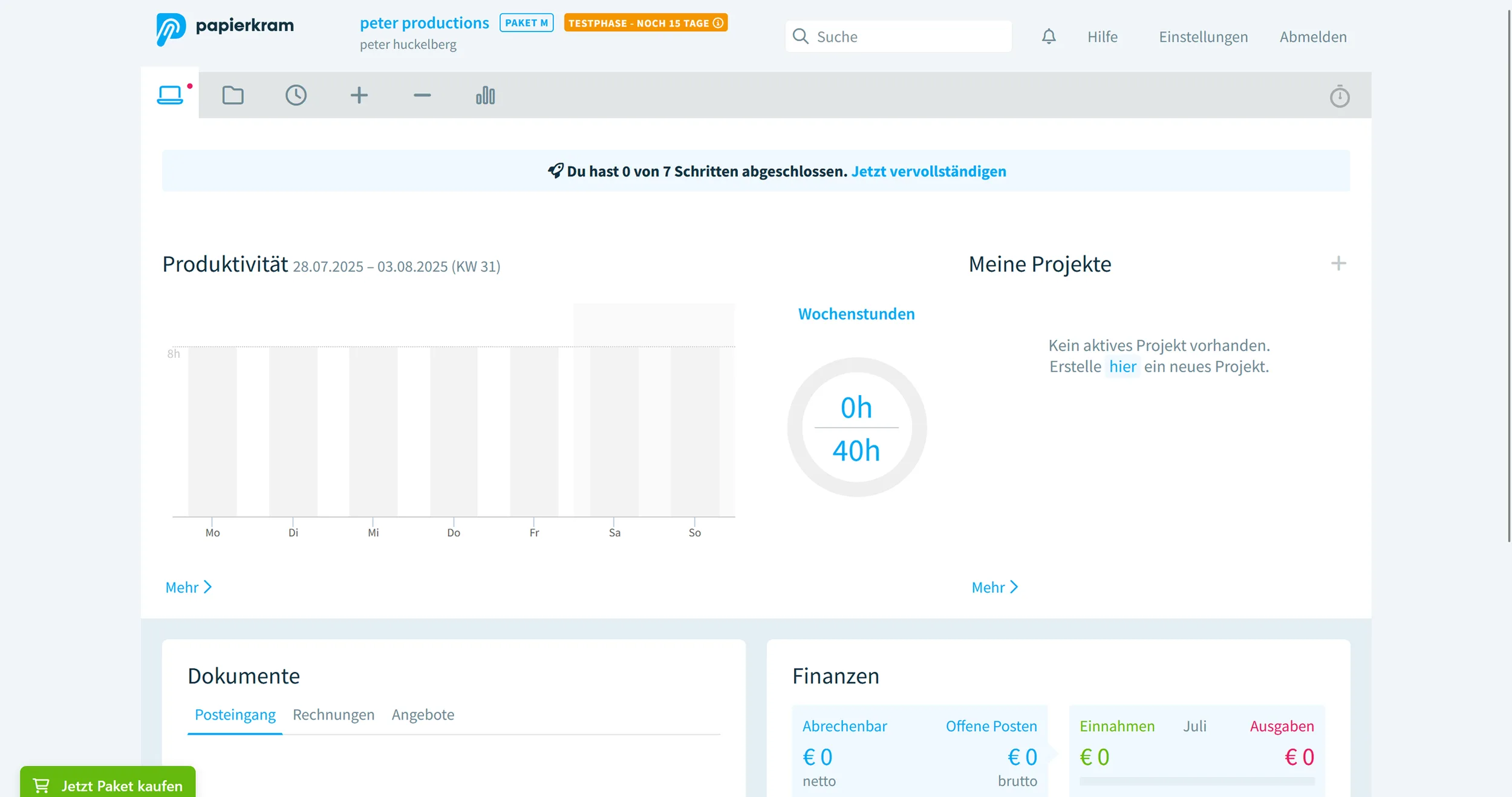  Das Dashboard bündelt Produktivität, Projekte, Finanzen und Dokumente auf einen Blick  (Auszug aus Tool von    papierkram.de   )  