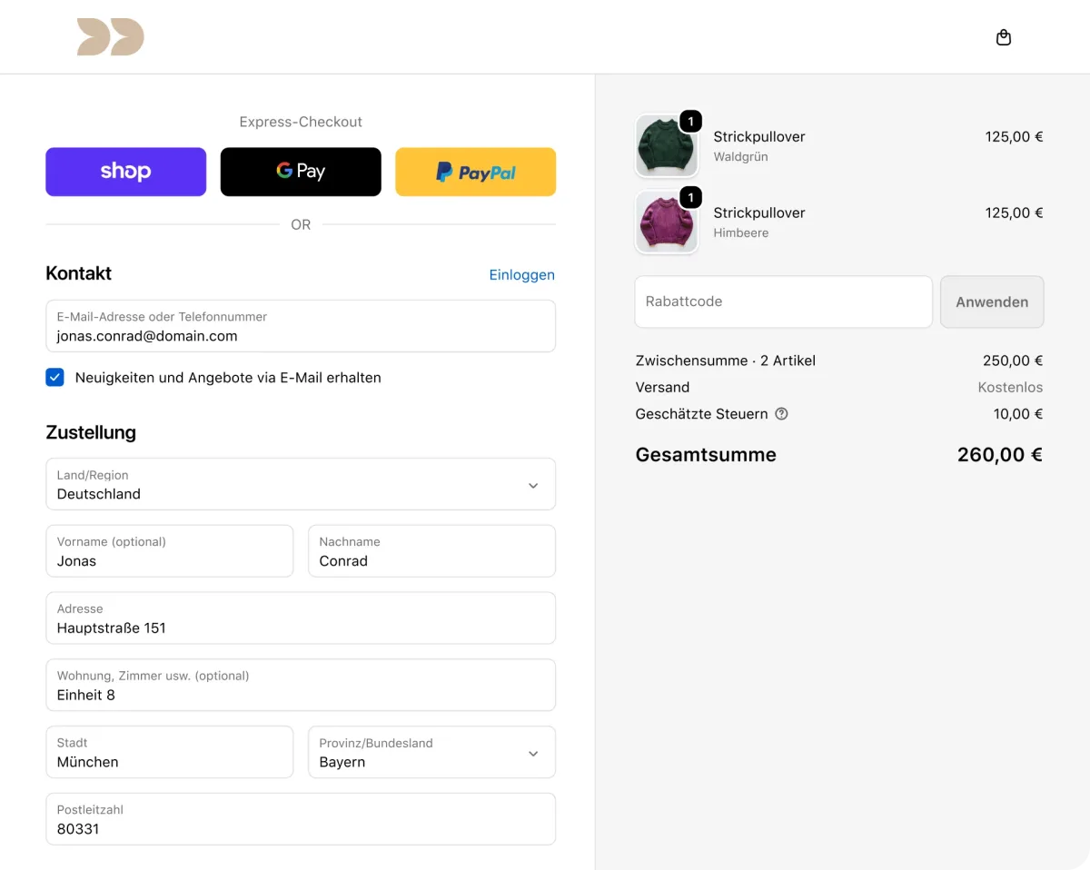 Shopify Express-Checkout mit Shop Pay, Google Pay und PayPal