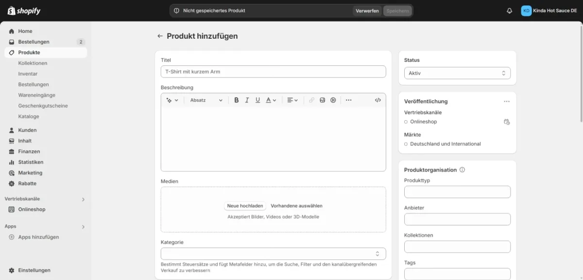 Shopify-Admin: Produkt anlegen mit Titel, Beschreibung, Medien und Vertriebskanälen