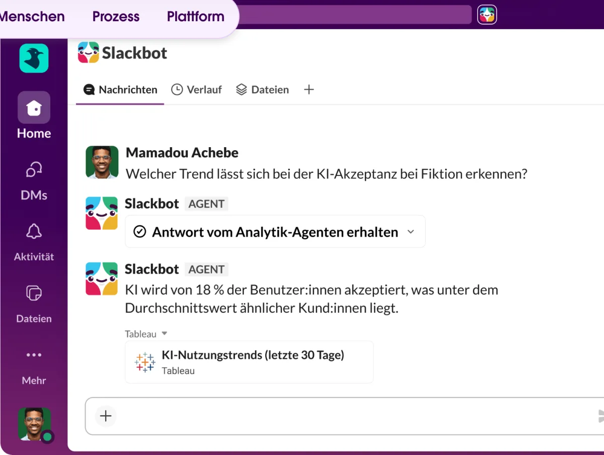 Slackbot answering a question in a Slack channel with data from a connected Tableau dashboard