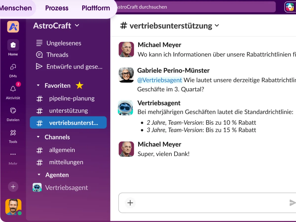 Slack channel #sales-support with questions in a thread, replies from the sales agent and the channel list on the left