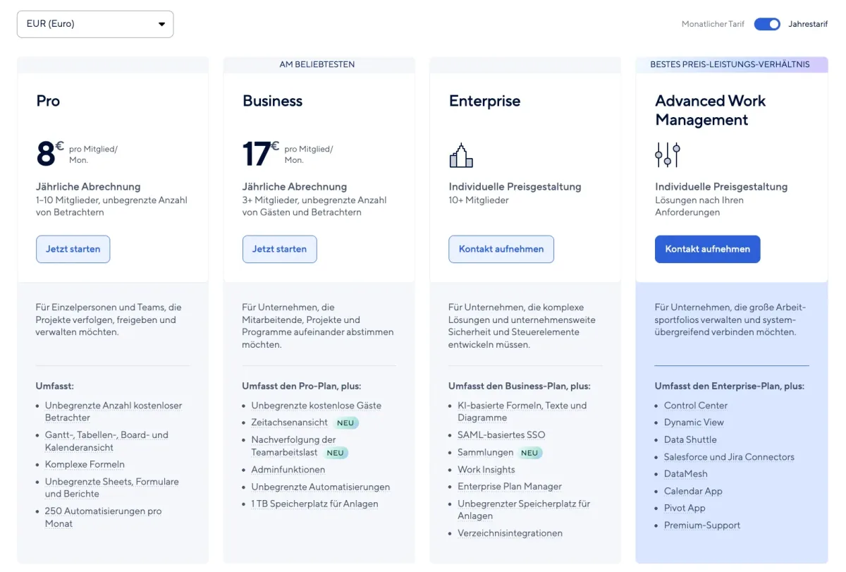  Smartsheet pricing plans comparison: Pro, Business, Enterprise, and Advanced Work Management. (Excerpt from    smartsheet.com   )  