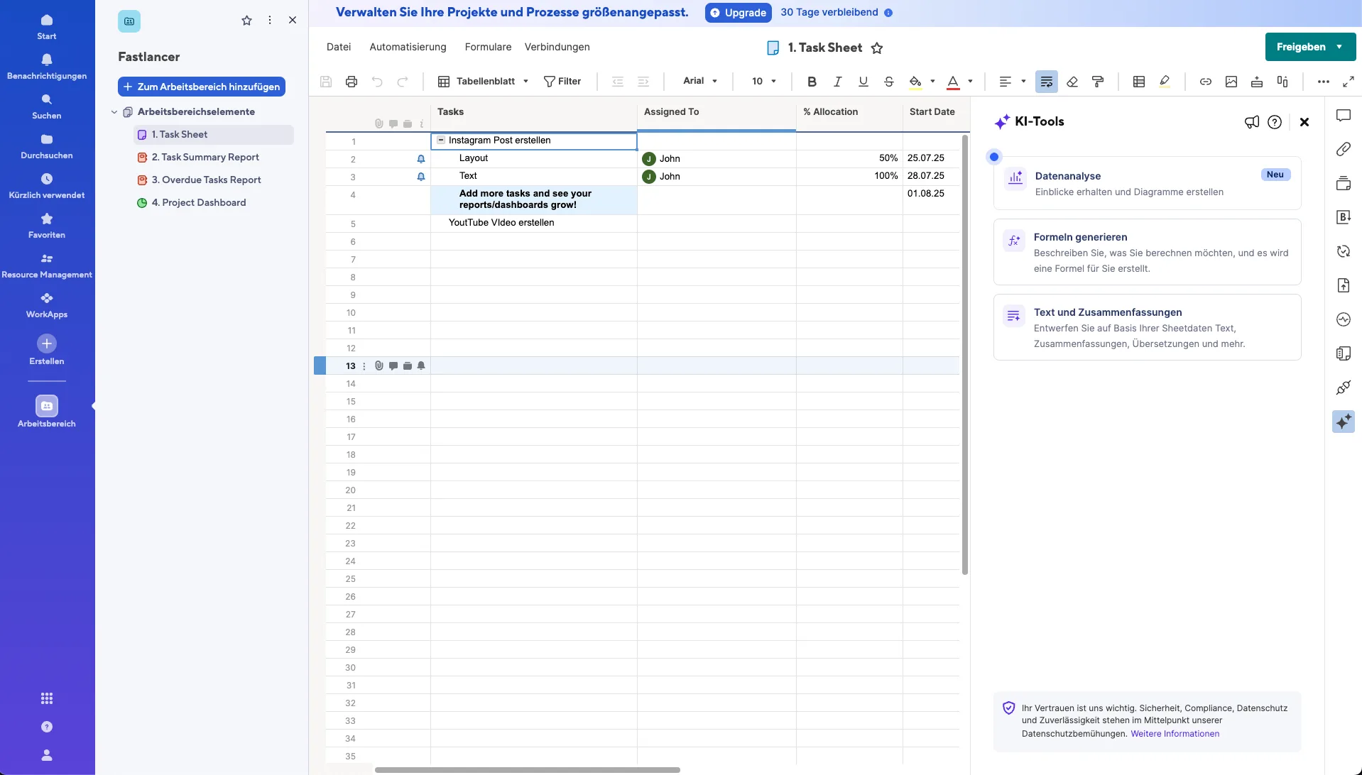   Task management overview in Smartsheet with assignments, start dates, and AI features. (Excerpt from    smartsheet.com   )  