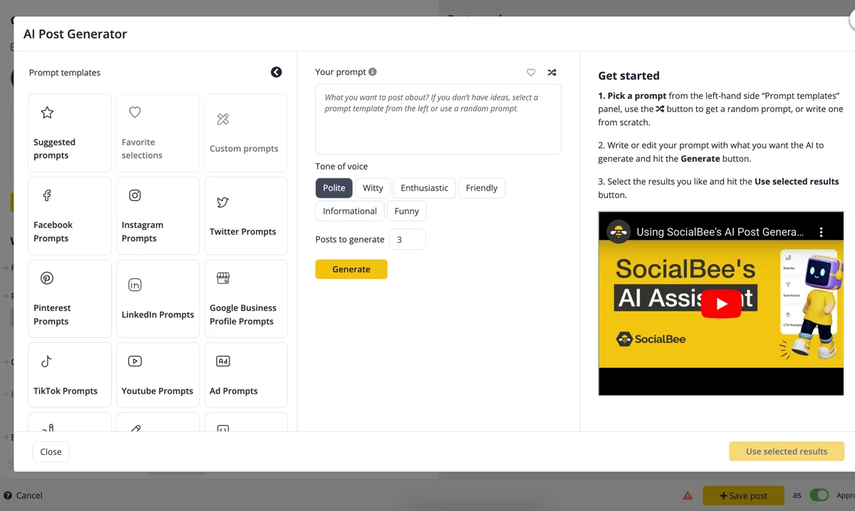 SocialBee KI-Post-Generator mit Prompt-Vorlagen und Tonalität