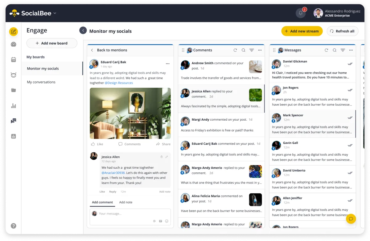 SocialBee social inbox with comment streams from several channels