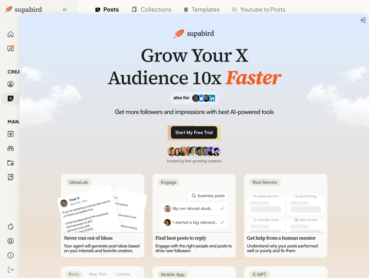 SupaBird interface with Posts, Collections, Templates and the IdeasLab, Engage and Real Mentor modules