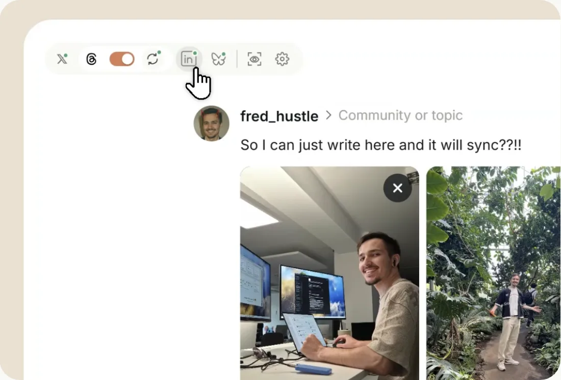 SupaBird composer with toggles for X, Threads and LinkedIn and a draft with images