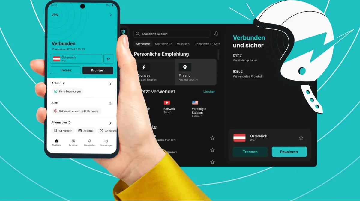 Surfshark-App auf Smartphone und Desktop: Verbindungsstatus, Antivirus und Alternative ID mobil, Standortliste und Protokoll am Rechner