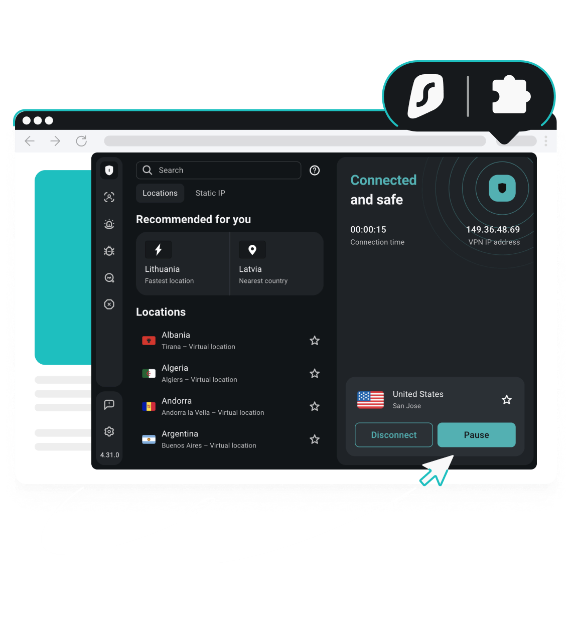 Surfshark Browser-Extension mit Server-Wahl