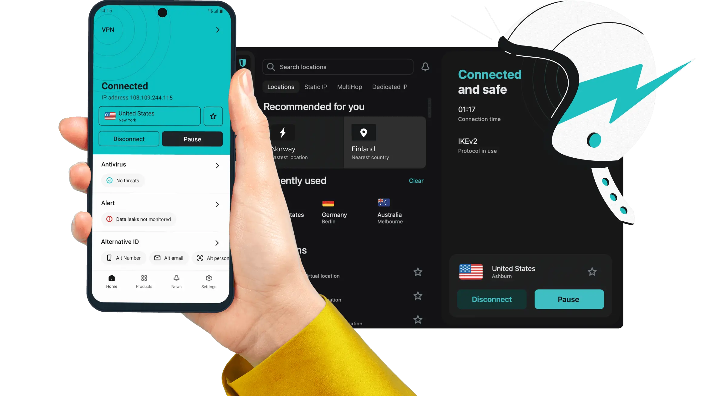 Surfshark VPN — Hero-Visual mit Multi-Plattform-Apps