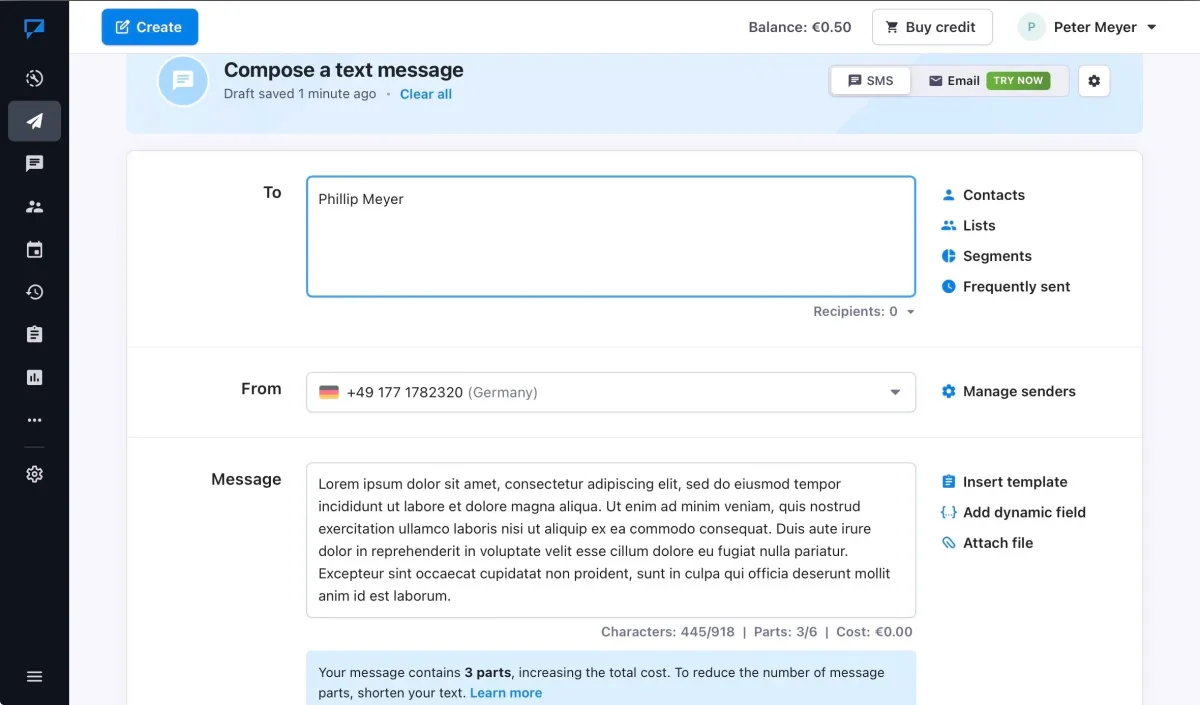  Textmagic Composer: SMS creation with recipient selection and character counter 