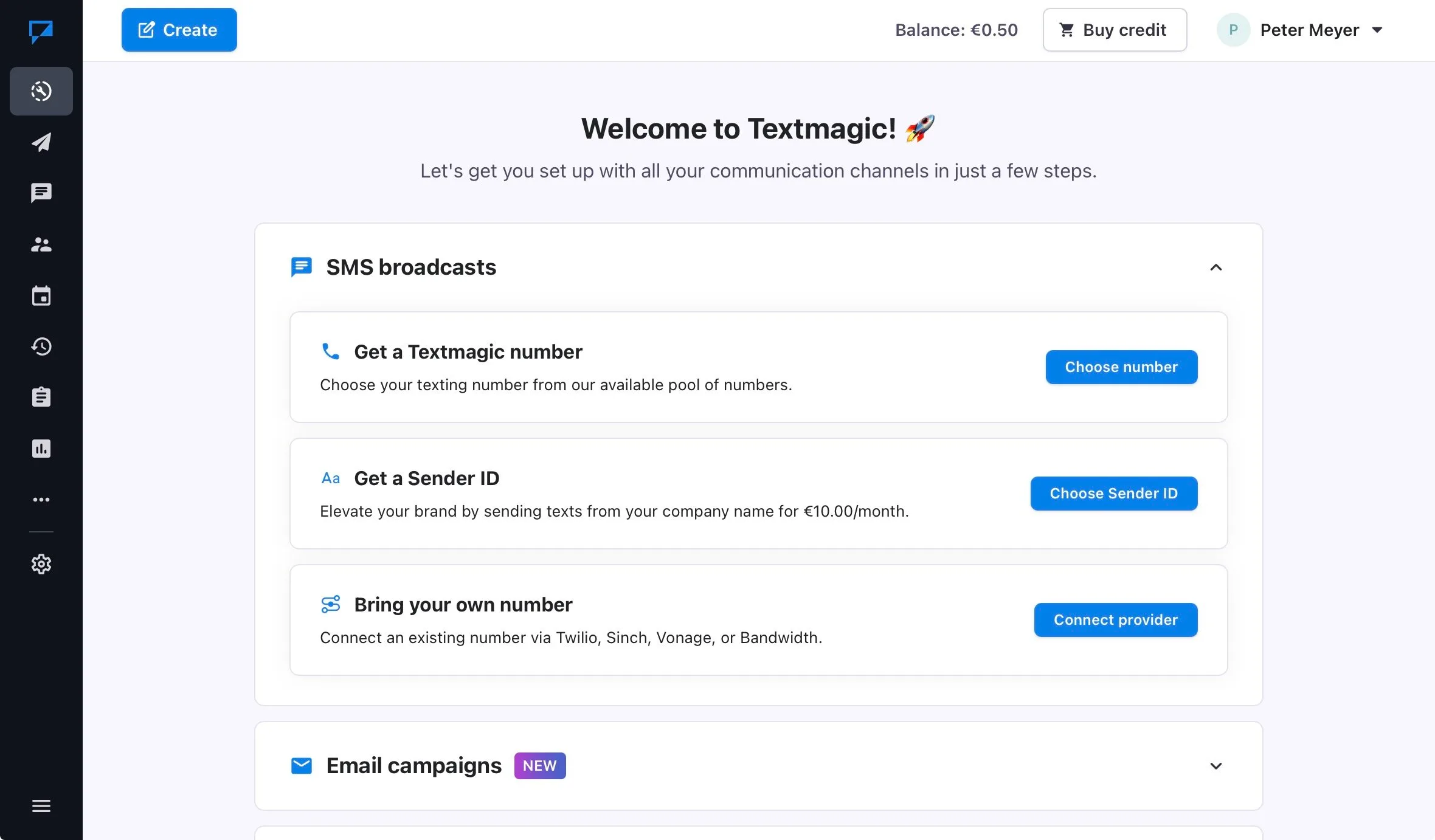  Textmagic dashboard: SMS setup with number selection and sender ID options 