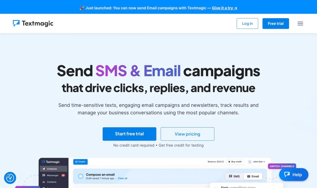  Textmagic homepage – SMS & email campaigns with free trial (excerpt from  textmagic.com ) 