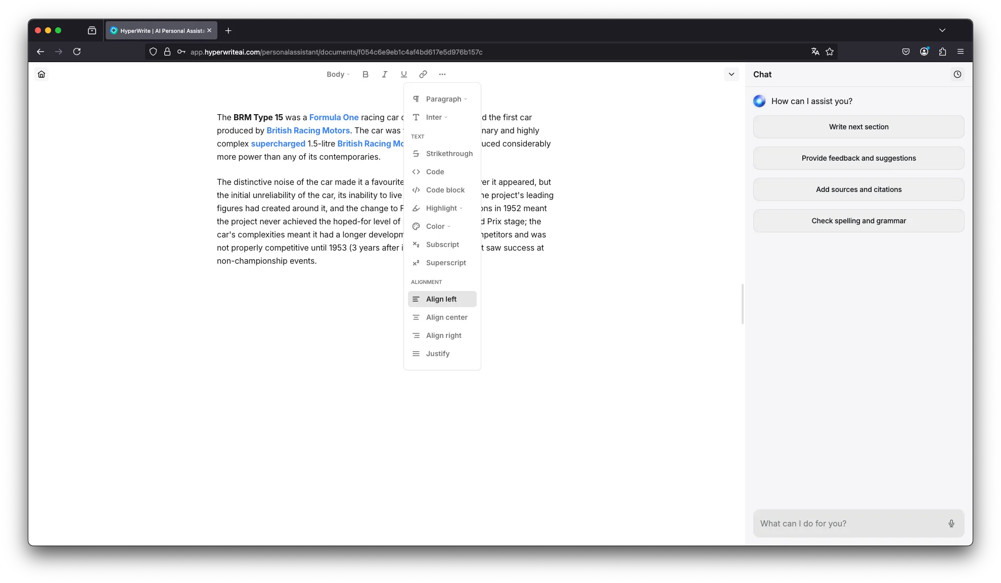   Comprehensive text styling options. (Excerpt from HyperWrite)  