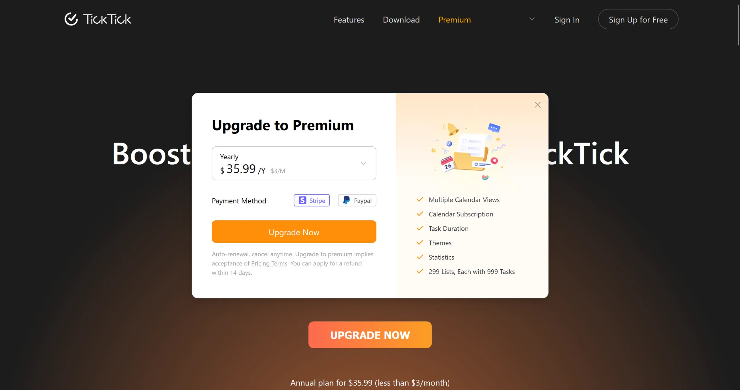   TickTick premium pricing (excerpt from    ticktick.com   )  
