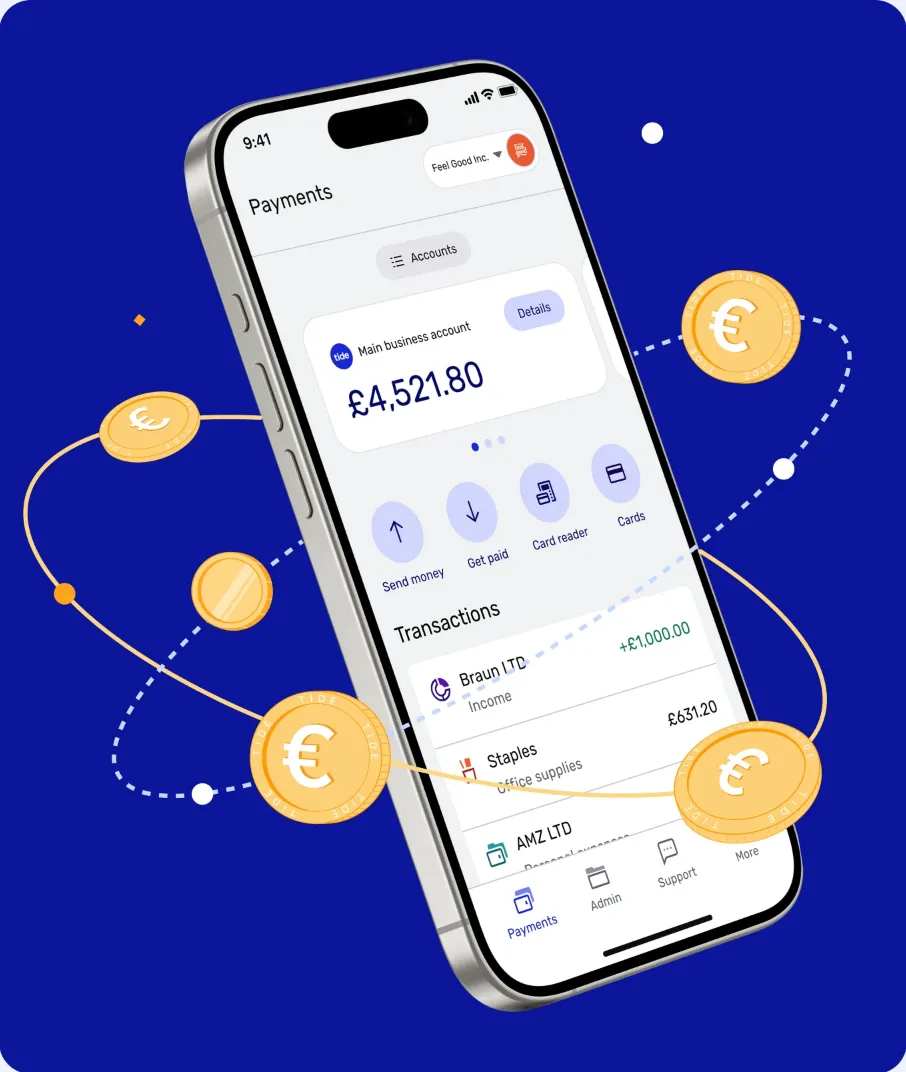 Tide-App mit Zahlungsübersicht: Business-Konto mit Guthaben, Schnellaktionen für Senden, Bezahltwerden, Kartenleser und Karten