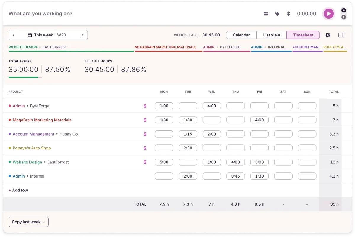 The timesheet view lets you log hours by project across the full work week. (Provided by Toggl Track) 