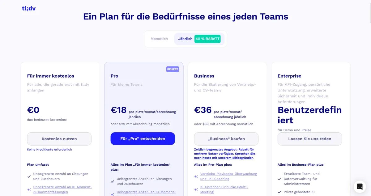   tl;dv pricing overview (excerpt from    tldv.io   )  