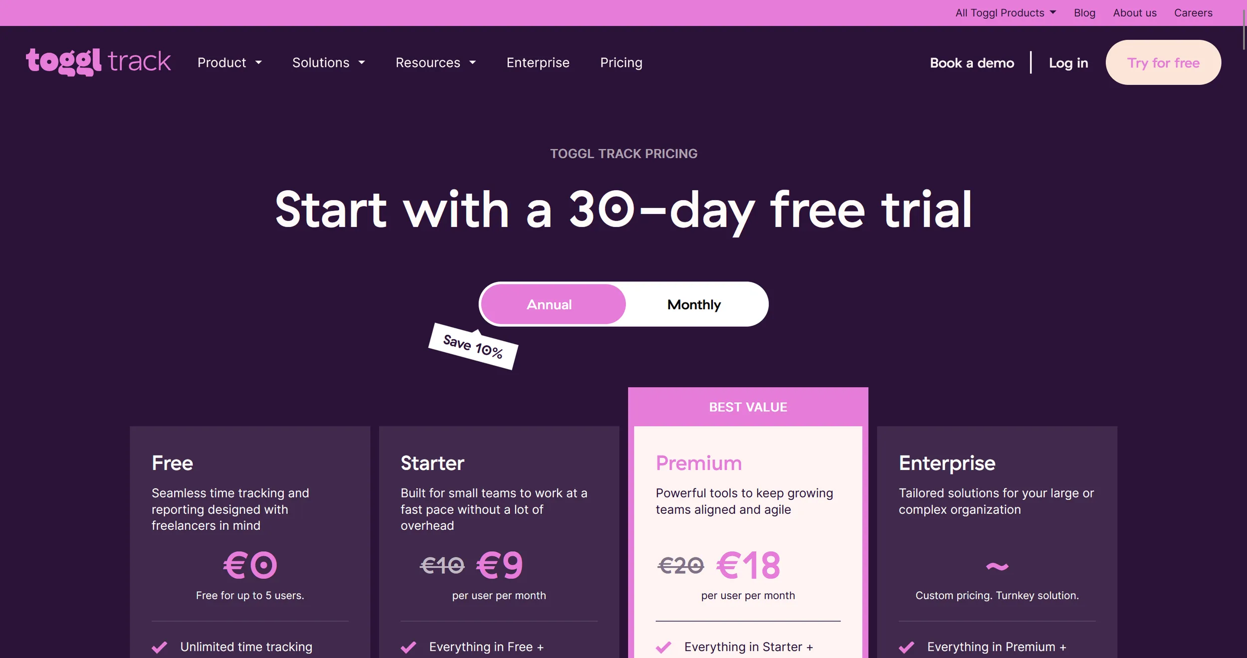  Toggl Track pricing overview (excerpt from  toggl.com ) 